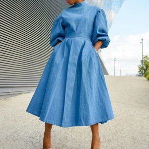 Women's Puff Sleeve Casual Dress Midi Dress